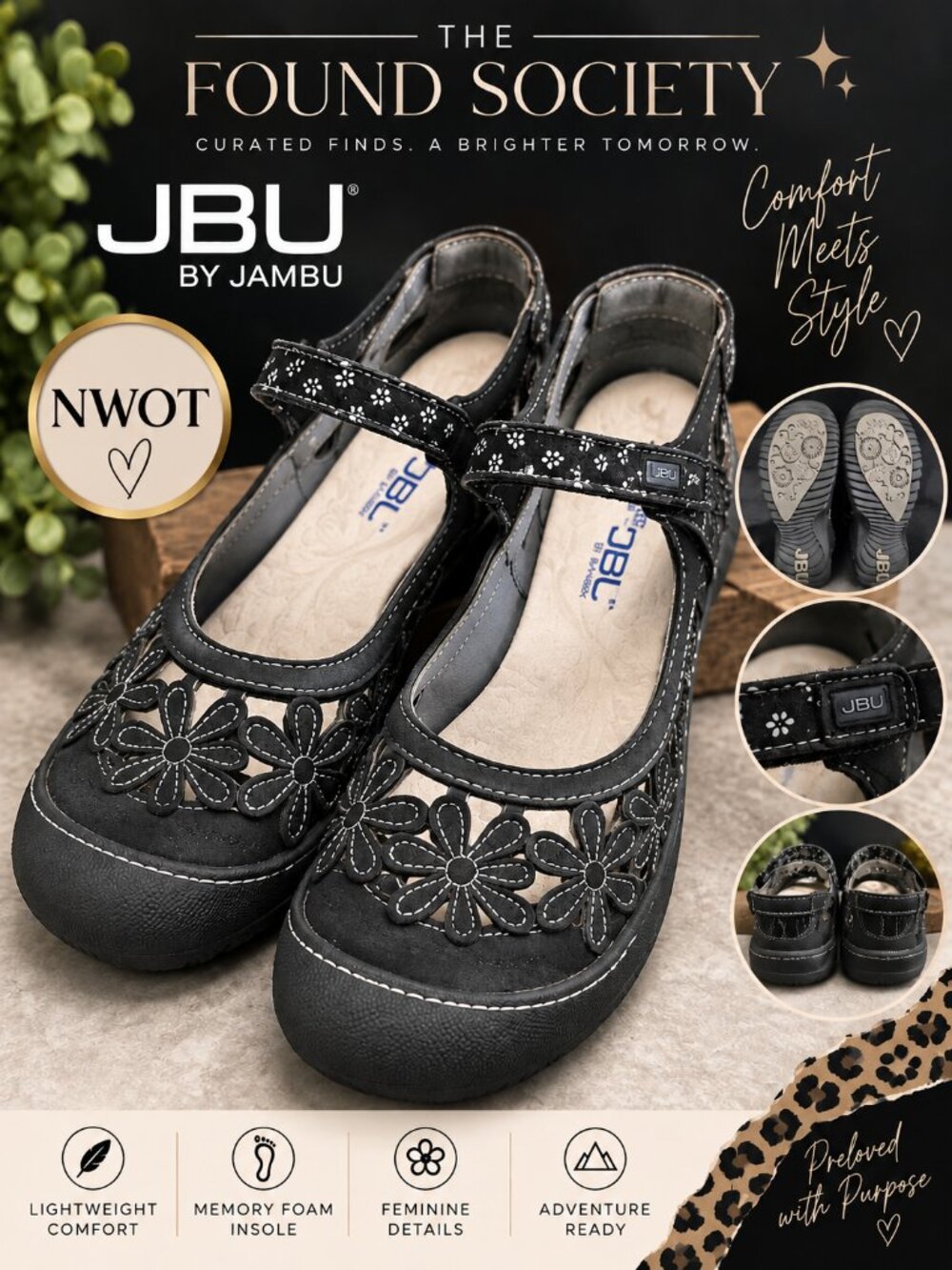 JBU by Jambu Wildflower Black Floral Mary Jane Shoes Women’s 8.5 M NWOT